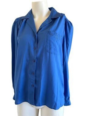 Pykettes vintage women’s navy blue 70’s button up blouse floral embroidery puff